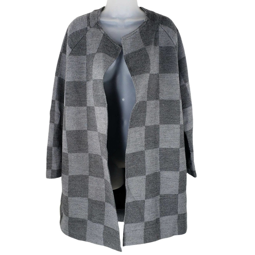 Ann Taylor Plaid Merino Wool Coat S Womens Gray Open Front Checkerboard Pattern